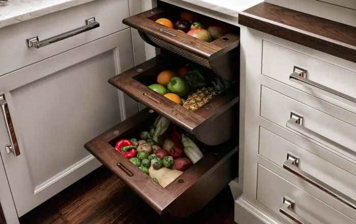 Veggie / fruit kitchen organization drawers in custom cabinets