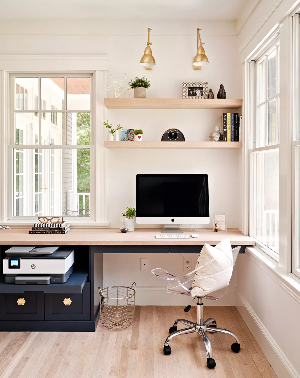 Modern home office with open shelving