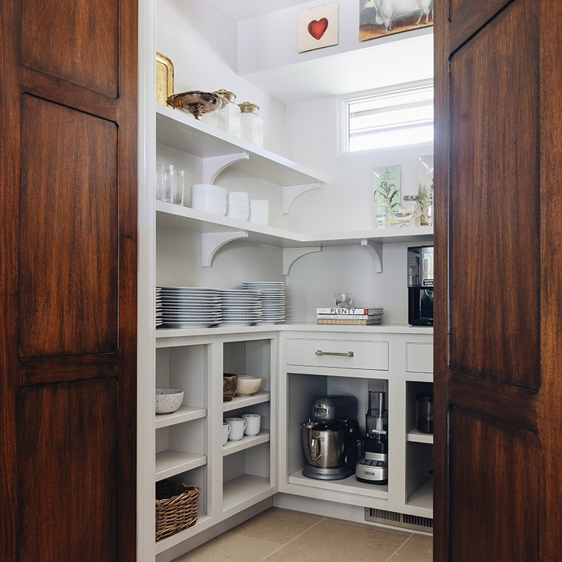Custom walk in pantry with open shelving