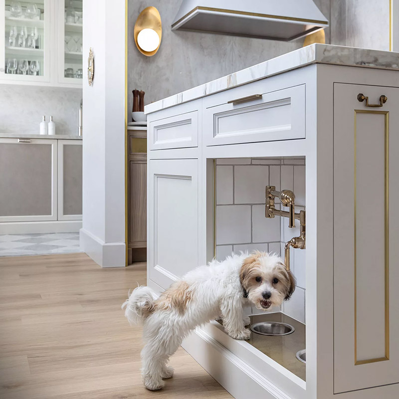 Custom dog feeding station in a kitchen