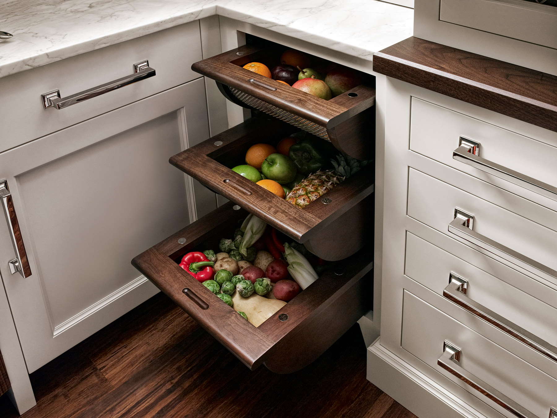 Veggie / fruit kitchen organization drawers in custom cabinets
