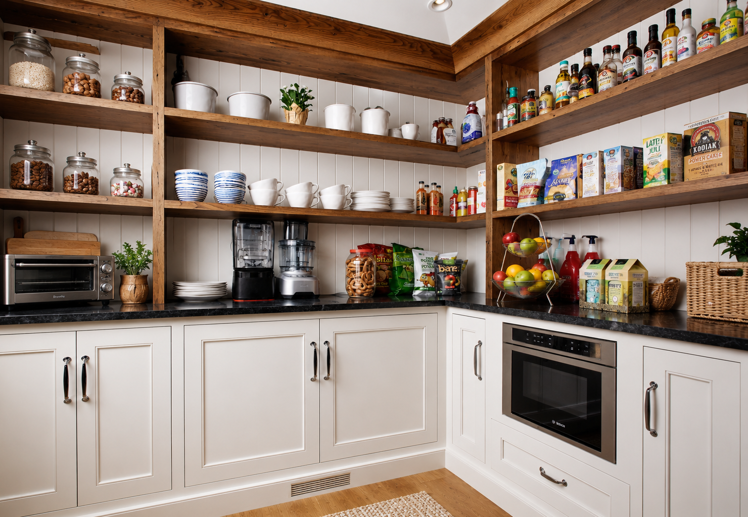 Walk-in pantry featuring pull-out shelves and labeled food storage bins