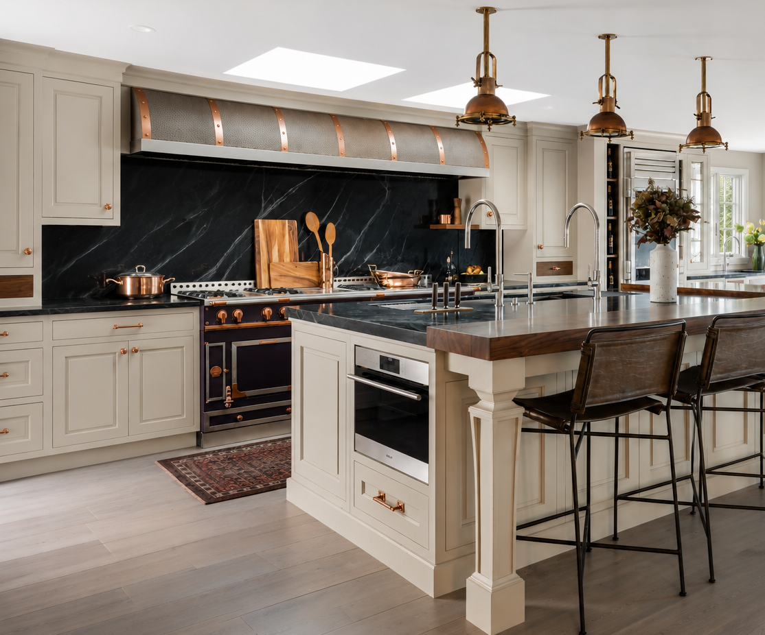 Custom kitchen cabinets with roll out trays, drawer organizers, and elegant finishes