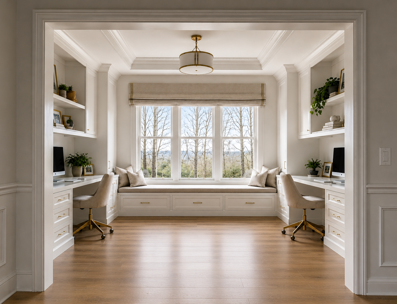 Home office with custom cabinetry, built-in desk, and file storage drawers